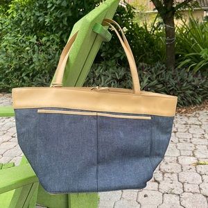 Ann Taylor Tan Leather and Denim Tote with rose wicker lining